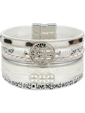 New Multi-Strand White and Silver Tree of Life Wrap Bracelet